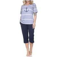 Normann Pyjama Maritimer Damen kurzarm Capri Schlafanzug mit Anker Motiv