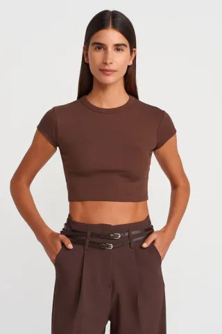 Damen Slim Fit Crop T-Shirt mit Rundhalsausschnitt