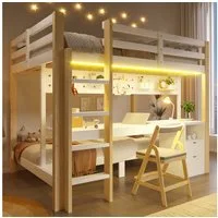 Flieks Etagenbett, Kinderbett 90+140x200cm mit Lichtleiste, Schreibtisch und 2 Schubladen