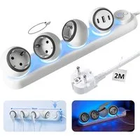 Fyrove 360° drehbare Steckdosenleiste, 3-Fach + 2 USB-C + 1 USB-A Steckdosenleiste, LED-Nachtlicht, 2m Kabel, Überspannungsschutz