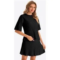 Imily Bela Hausanzug Damen Strick Halbarm Geripptes Top Plissierter Rock Sommer Loungewear (Set, 2 tlg., 2er-Pack, Top+Rock) mit Rundhalsausschnitt und Trompetenärmeln gehäkelt in Unifarbe