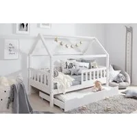 Ticaa Hausbett Kay mit Rausfallschutz und Schubkasten aus Kiefer, Kinderbett 80x160, inkl. Dach, mit Rollrost