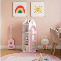 en.casa Kinderregal, drehbar »Vipsali« in Hausdesign 108x40x40 cm Rosa/Weiß