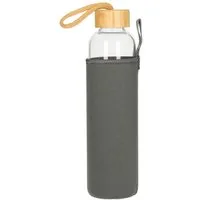 elasto Trinkflasche 750 ml Wasserflasche Bamboo Glasflsache inkl. Neoprentasche, Sportflasche, Für Unterwegs, Bottle, Schule und Arbeit, Kautschukhülle