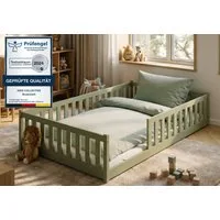 Kids Collective Kinderbett Bodenbett Bett mit Rausfallschutz & Lattenrost Montessori Bett Kinder (Jungen, Mädchen, Kinder, weitere Größen 80x160, 80x180, 90x190, 90x200, 140x200 cm), Jugendbett Gitterbett Einzelbett mit Matratze, Olivgrün 120x200 cm