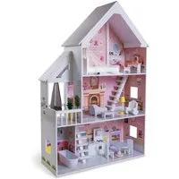 TikTakToo Puppenhaus Puppenstube Traum Villa Set aus Holz, (komplett eingerichtet, mit Balkon Terrasse, 16-tlg., mit 15-teiliges Möbel- und Zubehör-Set), aus MDF-Holz, für Puppen bis 29 cm geeignet
