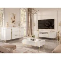 ALLHOUSE24 Wohnzimmer-Set DIAMANT Weiß Hochglanz GOLD Metallfüßen Wohnzimmer Möbel SET, (3-St), Das Set besteht aus: Kommode, TV Schrank, Couchtisch