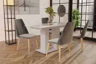 Essgruppe Weiss HGL-Tisch mit 4 Grau CAROS Stühlen für Esszimmer oder Küche