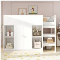Merax Hochbett (1-St) Kiefernholzbett Kinderbett 90x200cm mit Kleiderschrank Regalen Leiter