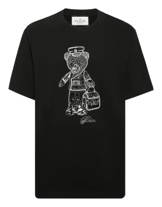 Black White Round Neck T-Shirt Teddy Bear