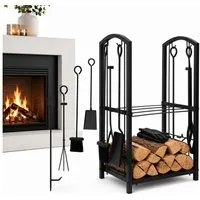Mucola Kaminholzregal Feuerholzablage 6-tlg. Kaminbesteck Kaminhandschuhe Kaminzubehör, BxTxH:40x30x74 cm, (6-tlg., 6-St., Set), inkl. 4tlg. Kaminwerkzeug, rostfrei und korrosionsbeständig