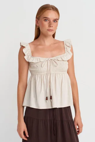 Ärmellose Bluse mit Quadrat-Ausschnitt und Schleifen-Front