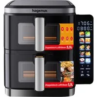 Hagenuk Heißluftfritteuse Doppelkammer, 12 Liter DUAL ZONE, Sichtfenster, mit Beleuchtung, 2800 W, Digitales Farbdisplay, 10 voreingestellte Programme, Synchro-Funktion