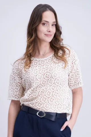 signe nature - Kurzarm-Shirt in femininer Spitzen-Optik beige - Gr. - 36