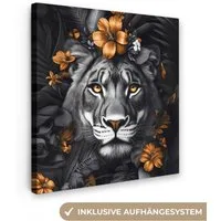 OneMillionCanvasses® Leinwandbild Tiger - Schwarz und weiß - Gold - Blumen - Botanisch, Fotodruck (1 St), Wandbild, Deko Schlafzimmer Wohnzimmer Flur 20x20 cm