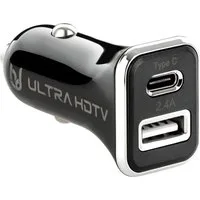 UltraHDTV USB Auto-Ladegerät, Dual Port (USB-C & USB-A) Smartphone-Ladegerät (12-24V, 2.4A, Schnelllade-Adapter für Smartphones, Schwarz)