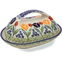 Bunzlauer Keramik Manufaktura Butterdose oval mit großem Griff, Unterteil und Deckel oval geformt, großer Griff.