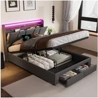 PXloue Stauraumbett Polsterbett mit Stauraum (Hochklappbares Bett 160x200 cm (USB-Ladeanschluss), 2 Schubladen, mit stabilem Lattenrost & gepolstertem Kopfteil