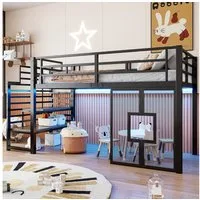 Flieks Hochbett Metallbett Kinderbett 90x200cm mit LED-Beleuchtung, eingebauter Treppe