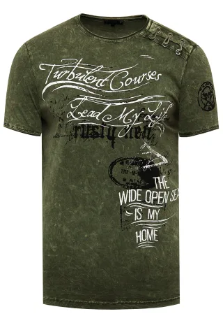 Oil-Washed T-Shirt mit Seitlicher Knopfleiste und Prints