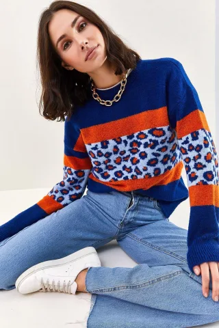 Leopardenmuster Rundhalsstrickpullover