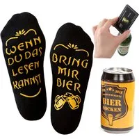 Lucadeau Freizeitsocken Vatertagsgeschenk, Bier Socken mit Spruch und Edelstahl Flaschenöffner (Dose, 1 Paar) rutschfest, Gr. 38-44, Geschenke für Männer, Geburtstagsgeschenk