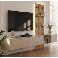 Furn.Design Wohnwand Clay, (TV Wand hängend in Grau / Lehmgrau mit Eiche, Breite 220 cm), mit Push-To-Open, Soft-Close und LED Beleuchtung