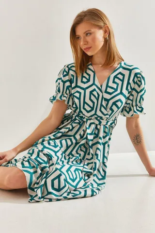 Geometrisches Muster V-Ausschnitt Midikleid mit Gürtel