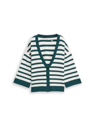 Tom Tailor - Loose Fit Cardigan mit Streifenmuster white green knit stripe - Gr. - S