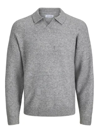 JACK&JONES - JJESOHO OLLIE KNIT SPLIT NECK SN Light Grey Melange - Gr. - M