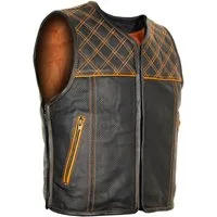 MDM Lederweste Herren Lederweste Hunter Club Kutte Schwarz Orange, perforiertem Leder (Biker Lederweste Herren, Clubkutte, Motorradweste, perforiertes Leder) Biker Lederweste perforiert, Steppmuster, Clubkutte, erweiterbar