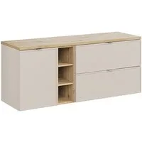 Lomadox Waschbeckenschrank BIBIONE-56 140 cm breit in kaschmir & Eiche, inkl. Wäschekorb, wandhängend
