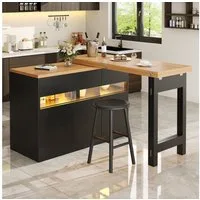 Odikalo Kücheninsel Esstisch Bartisch Stehtisch mit LED & 360° Drehfunktion, (Ausziehbarer Längenverstellbar 120-180 Moderner Kücheninsel Tisch mit Stauraum für Wohnzimmer Esszimmer Homeoffice)