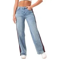 Ital-Design Dad-Jeans High-Waist Jeans mit Weitbein und seitlichen Details (90727822) Used-Look Stretch Straight Leg Jeans in Hellblau