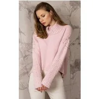Passioni Rollkragenpullover in Rippenstrick und Perlenverzierung