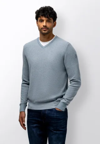 State of Art - Regular-Fit-Pullover mit V-Ausschnitt mittelblau/hellbeige - Gr. - XL