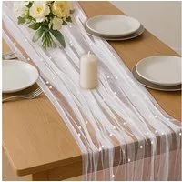 FOUORTUNATE-BEE Tischläufer Tischläufer aus Tüll mit Perlen 75 x 300 cm, Perlentüll Tischdecke (Tüllstoff Netz Tischband Tischdekoration für Hochzeit, Brautparty, Geburtstagsfeier und Hochzeitsbogen)