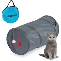 relaxdays Kleintiertunnel Faltbarer Katzentunnel mit Spielzeug, Polyester, grau