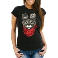 MoonWorks Print-Shirt Damen T-Shirt Katze Cat Steampunk Slim Fit mit Print