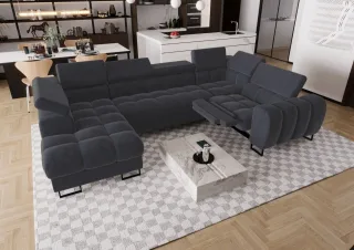 Wohnlandschaft Schlafsofa BASTIEN RELAX in Stoff Terra Graphit Ottomane Links