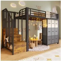BlingBin Hochbett 90×200 cm mit Schubladen, Kleiderstange, Geländer, ohne Matratze (1-St., Kinder-/Jugendbett mit Treppe & Stauraum, Schubladen-Kommode) platzsparend mit Stauraum, für Kinder & Jugendliche
