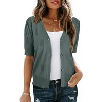 Arach&Cloz T-Shirt Damen Strickjacke kurzärmelig leicht V-Shirt für den Sommer Volltonfarbe Pullover Kurzarmhemd Geeignet Business Freizeit