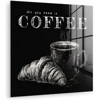 MuchoWow Acrylglasbild Kaffee - Croissant - Text, Inkl. Aufhängung, Bilder auf Glas Wandbild, Wanddeko Wohnzimmer Badezimmer, 20x20 cm