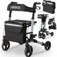 Arebos Rollator Aluminium faltbar 6-fach höhenverstellbar mit Tasche belastbar 136 kg, Ergonomische Griffe – komfortabel für lange Nutzung ohne Ermüdung