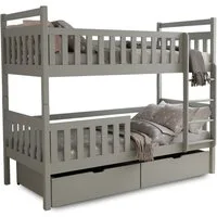 Deine Möbel 24 Etagenbett MICO für 2 Kinder 90x200 GRAU Hochbett Kinderbett aus Massivholz (Matratzen optional, Bett mit Lattenrost, 2 Schubladen, Leiter und Rausfallschutz), aus Vollholz Kiefernholz, in 2 Einzelbetten umbaubar