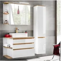Lomadox Badmöbel-Set CAMPOS-56, (Spar-Set, 3-St), weiß mit Wotaneiche Hochschrank 144/200/50 cm