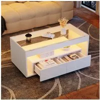 KLAM HOME Couchtisch Moderner Couchtisch mit 16-Farben LED-Beleuchtung (Eleganter Wohnzimmertisch mit großzügigem Stauraum), Praktischer Glas-Sofatisch mit Schubladen und Beleuchtungssteuerung