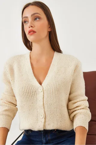 Strukturierter V-Ausschnitt Rippstrick-Cardigan mit Pailletten-Detail