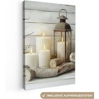 OneMillionCanvasses® Leinwandbild Stilleben - Weiß - Kerzen - Rustikal - Natur, Fotodruck (1 St), Leinwand Canvas Wandbild, Wanddekoration 20x30 cm