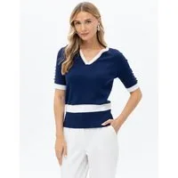 Passioni T-Shirt Strickshirt mit Knopf-Details Navy Shirt mit V-Ausschnitt und goldenen Details